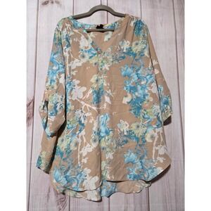Worthington Woman‎ Floral V-Neck Blouse Tan Blue 3/4 Roll Tab Sleeve 2X Chiffon